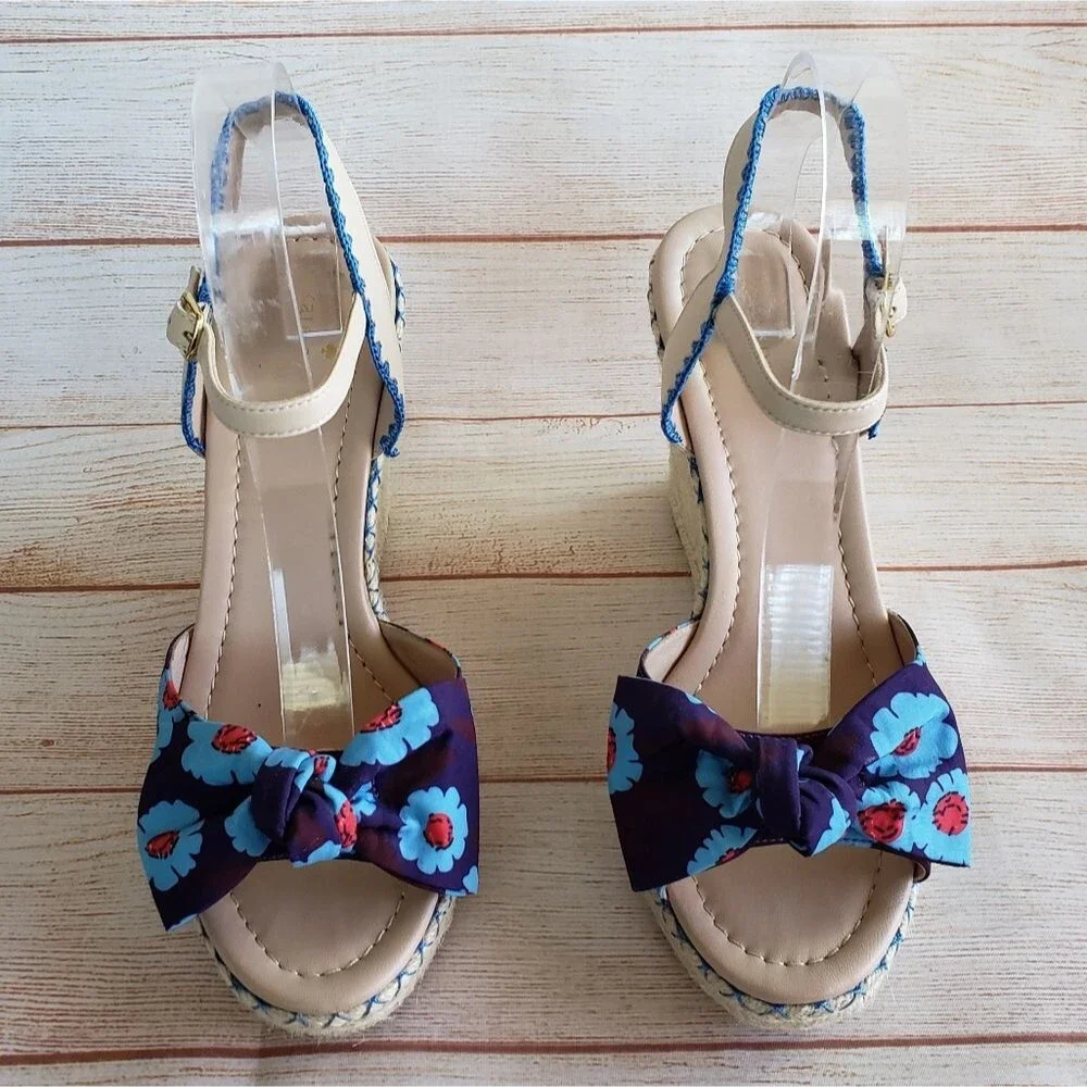 Kate Spade Espadrille Wedge Ankle Strap Sandals with Floral Print Bows